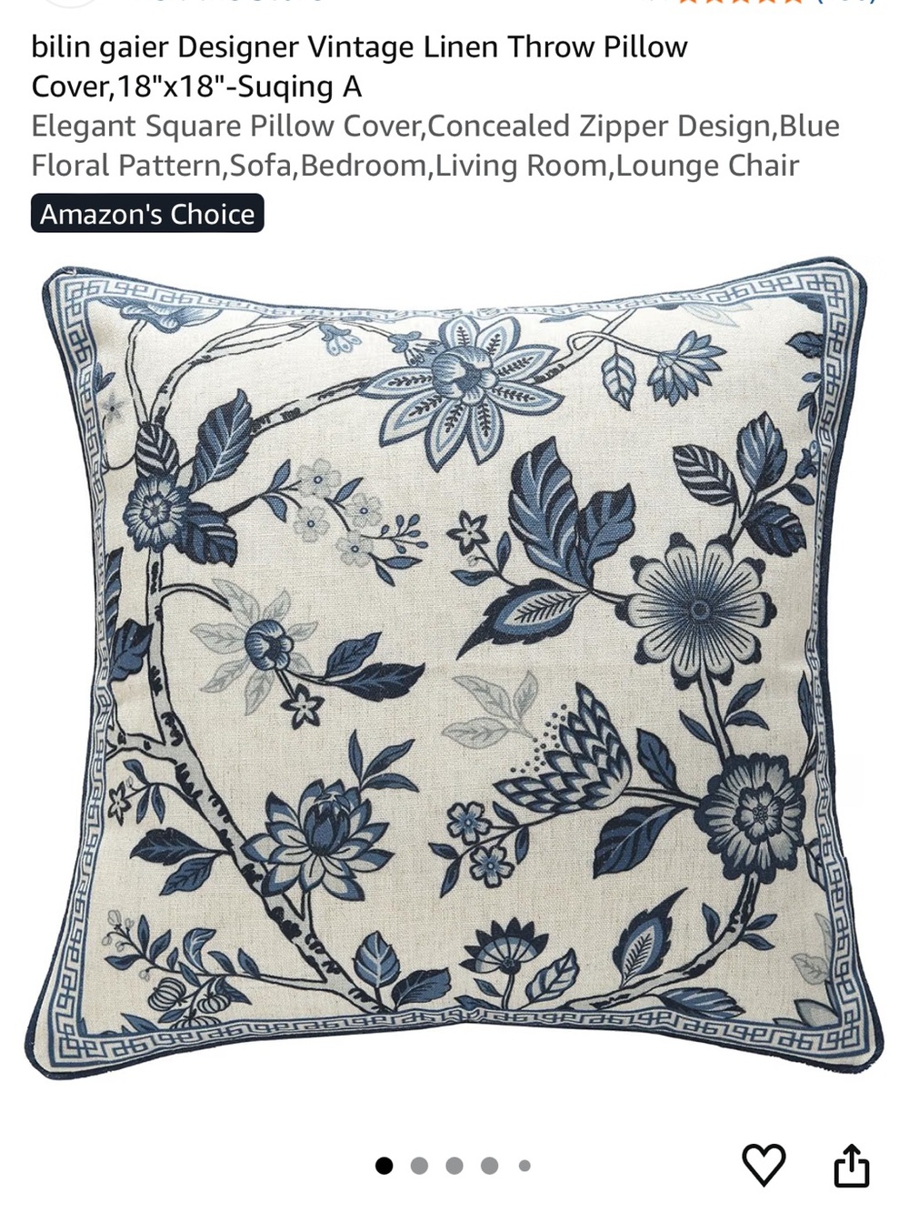 Blue Floral Linen Accent Pillow Cover by Bilin Gaier, set of 2 in bag 18x18